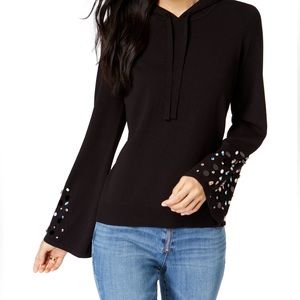 I-N-C Womens Embellished Sleeve Pullover Sweater, Black,